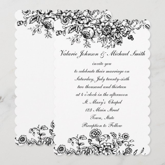 Black and White Toile, Custom Wedding Invitation (Front/Back)