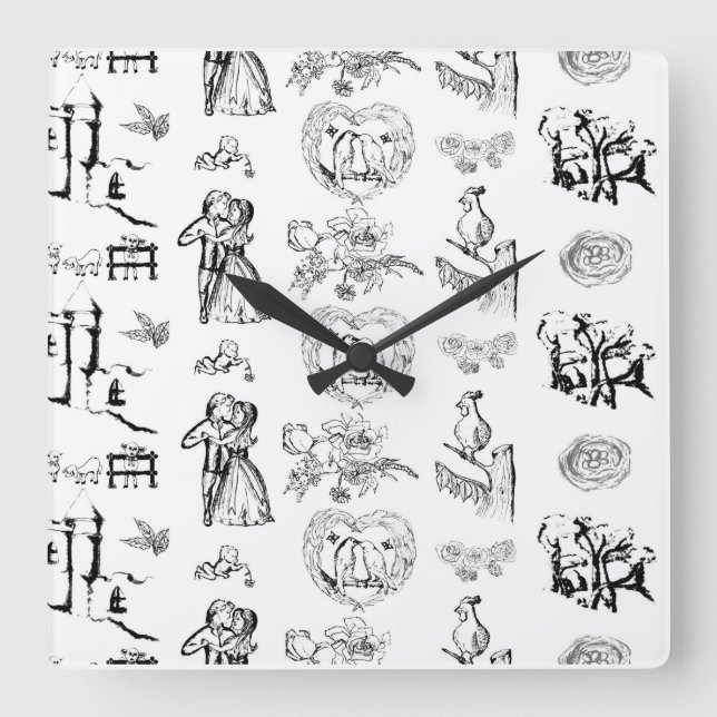Black And White Toile Pattern Square Wall Clock (Front)