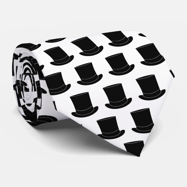 Black and white top hat print neck tie for groom (Rolled)
