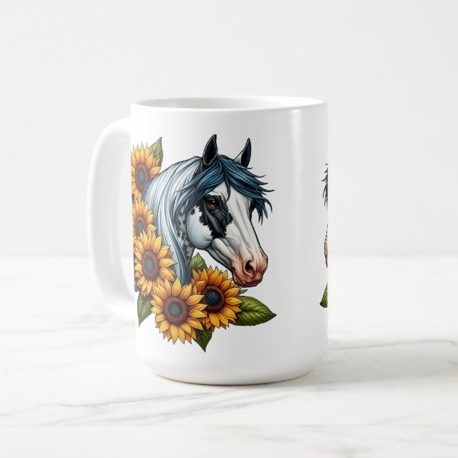 Black and White Tovero Paint Horse and Sunflowers Coffee Mug (Front Left)