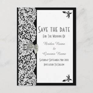 Black and white traditional lace save the date announcement postcard