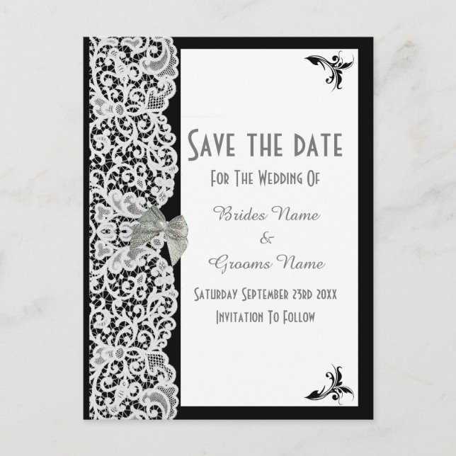Black and white traditional lace save the date announcement postcard (Front)