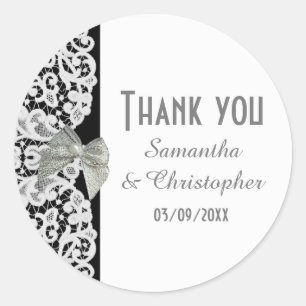 Black and white traditional lace thank you classic round sticker