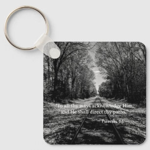 Black and White Train Track Proverbs Scripture Keychain