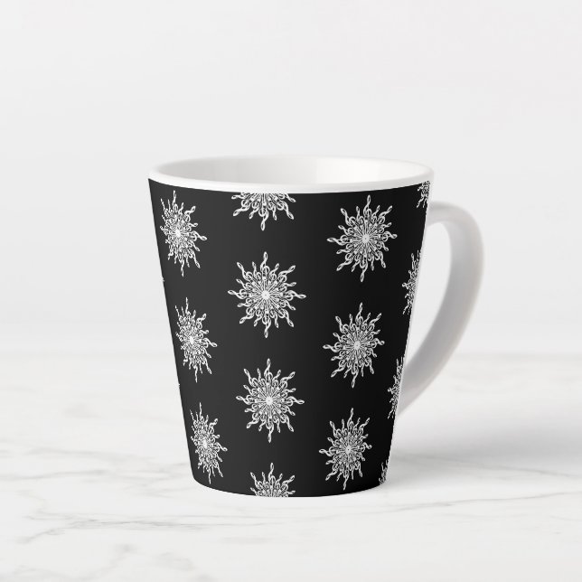 Black and White Treble Clef Snowflake Pattern Latte Mug (Right Angle)