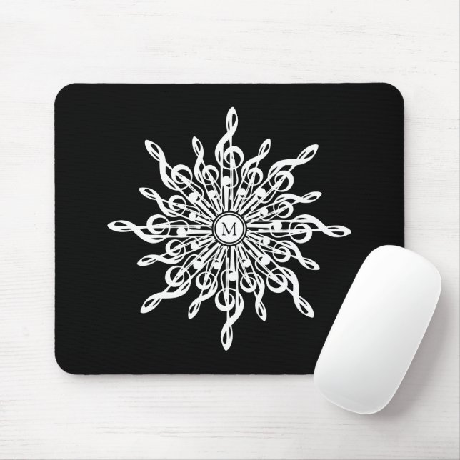 Black and White Treble Clefs Snowflake Monogram Mouse Pad (With Mouse)