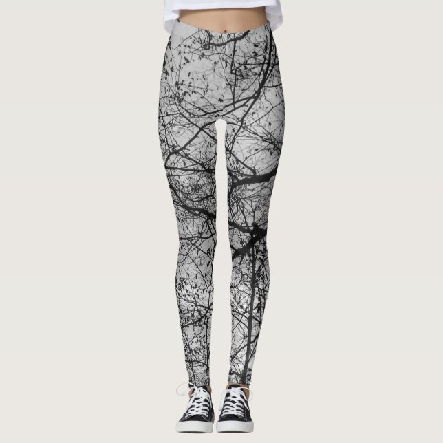 Black and white tree branch print on leggings (Front)