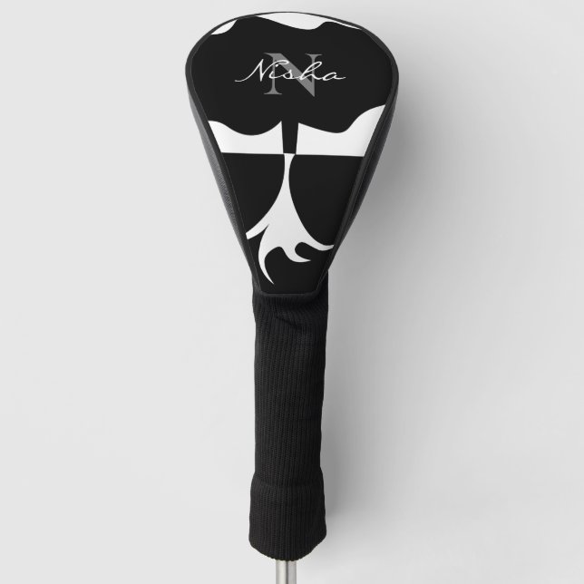 Black and White Tree Monogram Name Golf Head Cover (Front)
