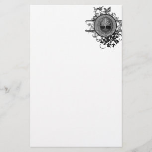 Black and White Tree of Life with Flowers Stationery