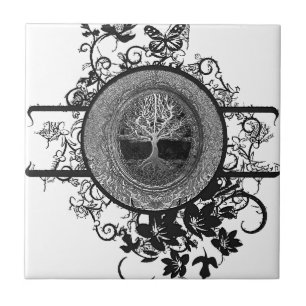 Black and White Tree of Life with Flowers Tile