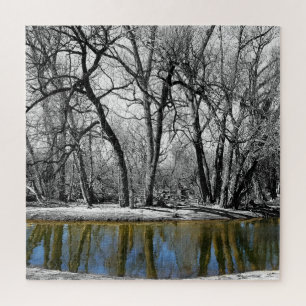 Black and White Trees Blue Water Reflection Jigsaw Puzzle