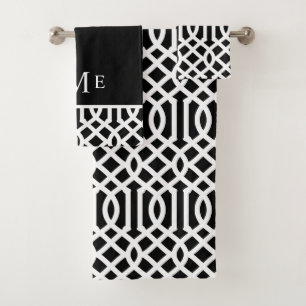 Black and White Trellis Monogram   Editable Colour Bath Towel Set