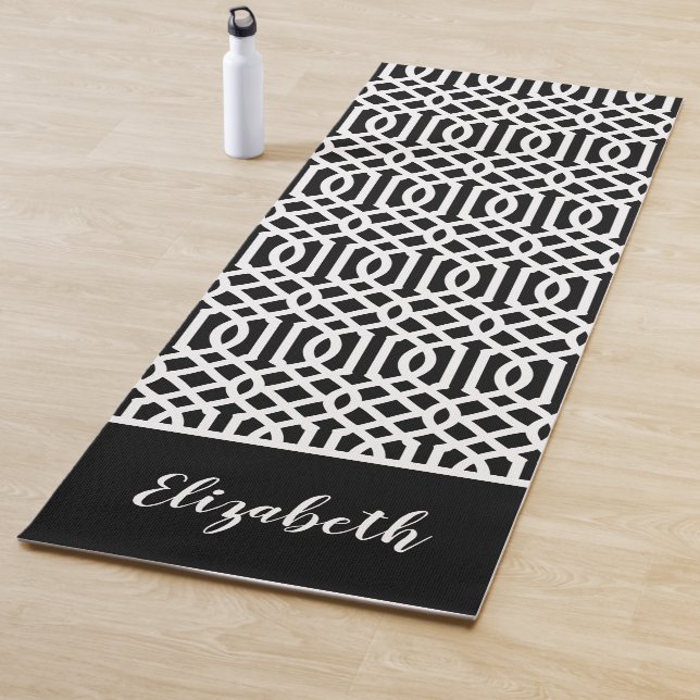 Black and White Trellis Monogram | Editable Colour Yoga Mat (In Situ)