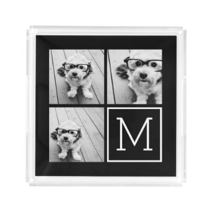 Black and White Trendy Photo Collage with Monogram Acrylic Tray