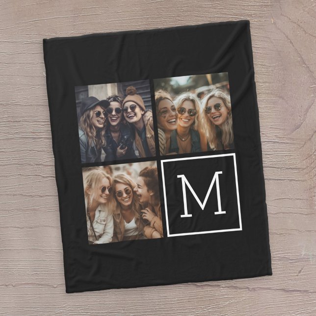 Black and White Trendy Photo Collage with Monogram Fleece Blanket (3 Photo personalized blanket)