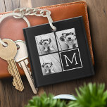 Black and White Trendy Photo Collage with Monogram Keychain<br><div class="desc">Use 3 square photos to create a unique and personal gift. Or you can keep the hipster puppy and make a trendy keepsake. If you need to adjust the pictures,  click on the customize tool to make changes.</div>