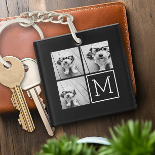 Black and White Trendy Photo Collage with Monogram Keychain
