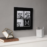 Black and White Trendy Photo Collage with Monogram Square Wall Clock<br><div class="desc">Use 3 square photos to create a unique and personal gift. Or you can keep the hipster puppy and make a trendy keepsake. If you need to adjust the pictures,  click on the customize tool to make changes.</div>