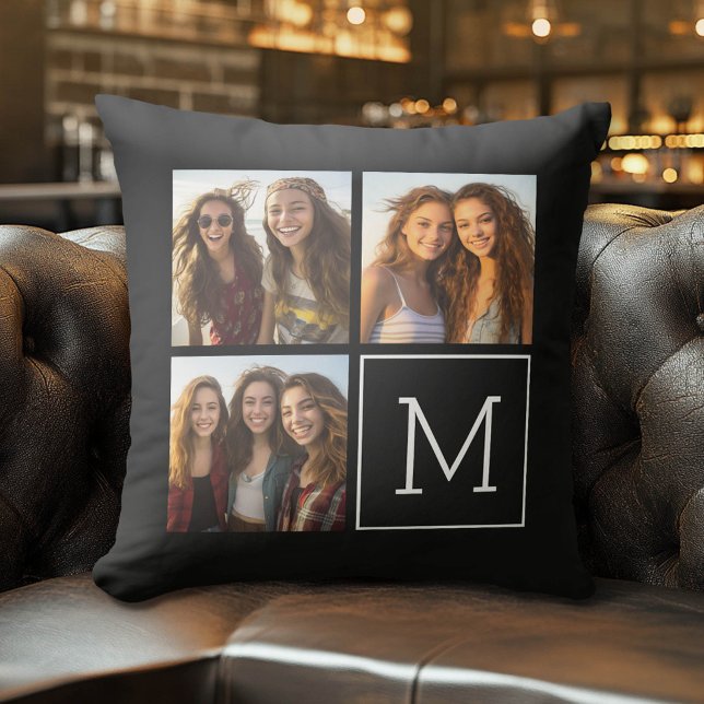 Black and White Trendy Photo Collage with Monogram Throw Pillow (Custom Photo Pillow)