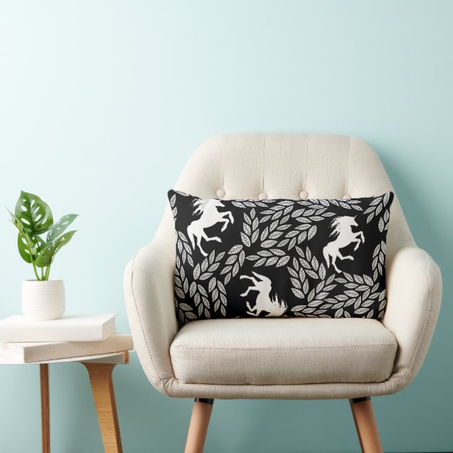 Black and White Trendy Unicorn & Floral Pattern Lumbar Pillow (Chair)