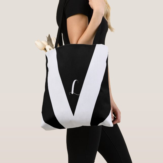 Black and White Triangle and Slashes Tote Bag (Close Up)