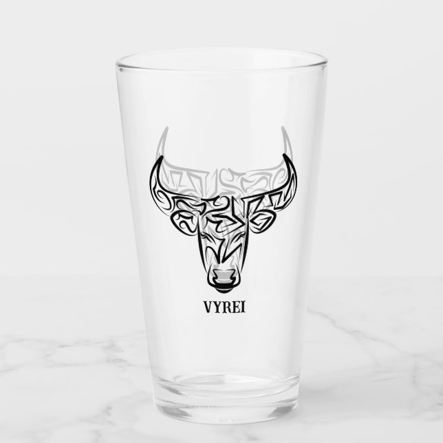 Black and White Tribal Bull / Ox Glass (Front)