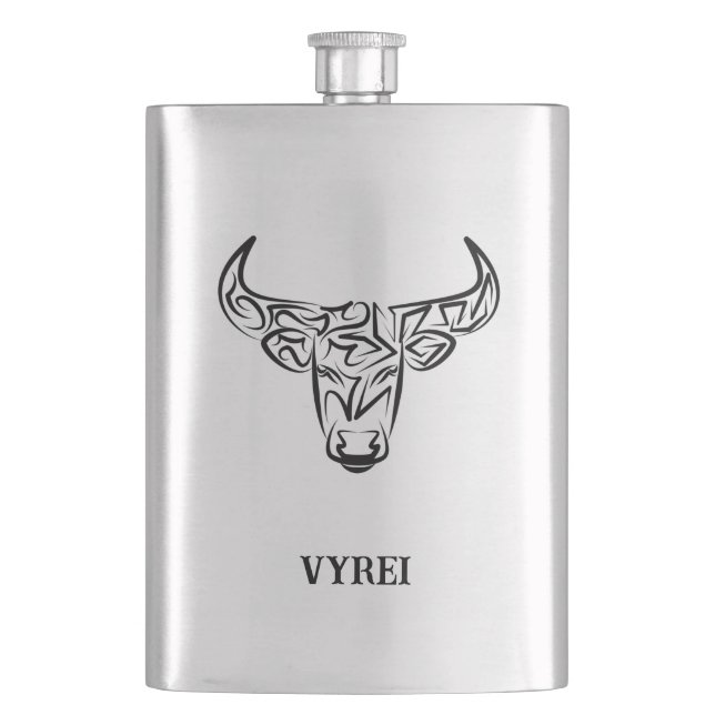 Black and White Tribal Bull / Ox Hip Flask (Front)