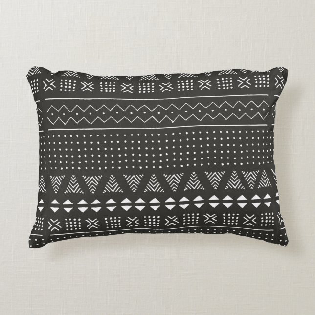 Black and white tribal ethnic pattern with geometr accent pillow (Front)