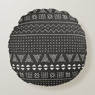 Black and white tribal ethnic pattern with geometr round pillow