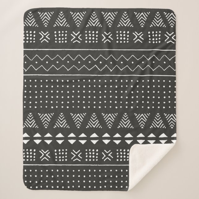 Black and white tribal ethnic pattern with geometr sherpa blanket (Front)