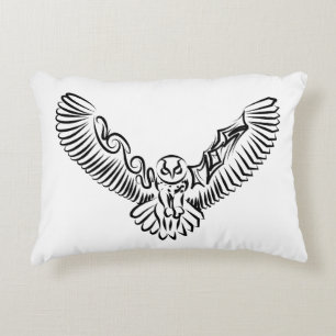Black and White Tribal Flying Owl Accent Pillow
