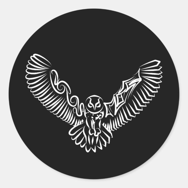 Black and White Tribal Flying Owl Classic Round Sticker (Front)