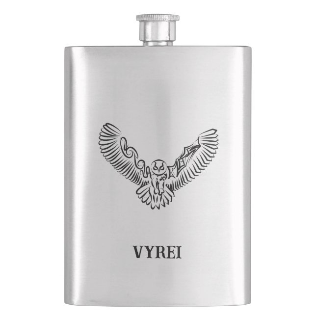 Black and White Tribal Flying Owl Hip Flask (Front)