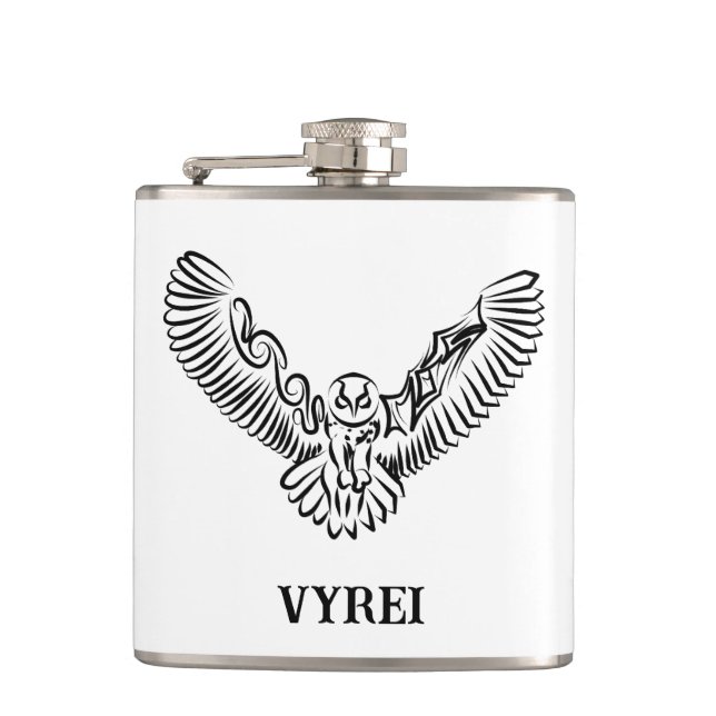 Black and White Tribal Flying Owl Hip Flask (Front)