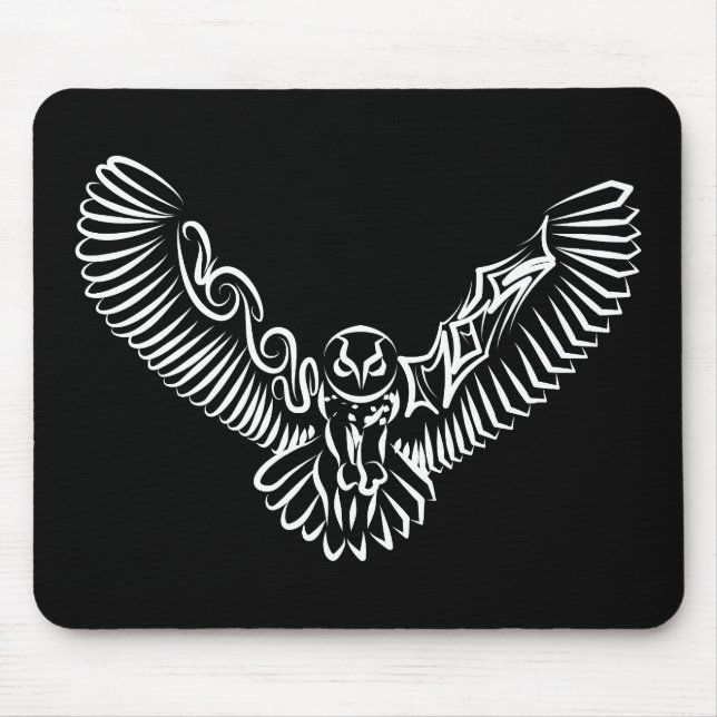 Black and White Tribal Flying Owl Mouse Pad (Front)