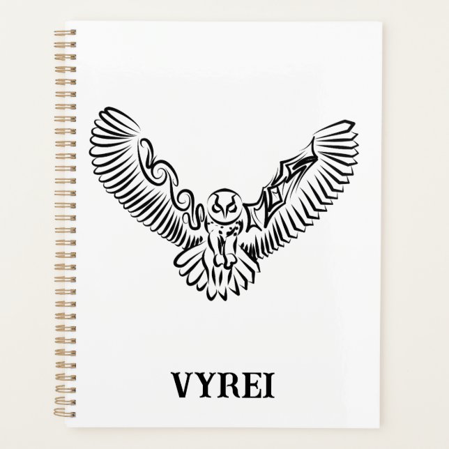 Black and White Tribal Flying Owl Planner (Front)