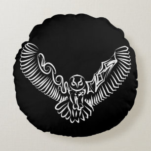 Black and White Tribal Flying Owl Round Pillow