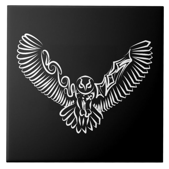 Black and White Tribal Flying Owl Tile (Front)