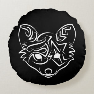 Black and White Tribal Fox Round Pillow