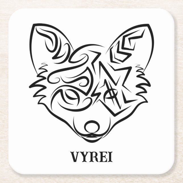 Black and White Tribal Fox Square Paper Coaster (Front)