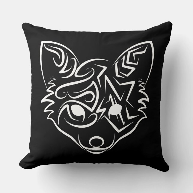 Black and White Tribal Fox Throw Pillow (Front)