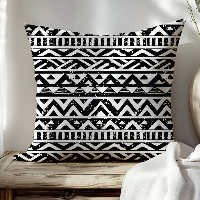 Black and White Tribal Geometric Aztec Pattern Throw Pillow (Creator Uploaded)