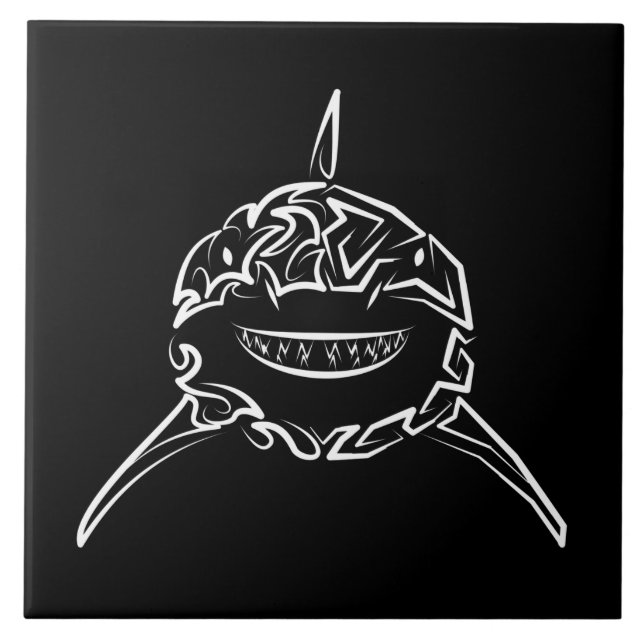 Black and White Tribal Great White Shark Tile (Front)