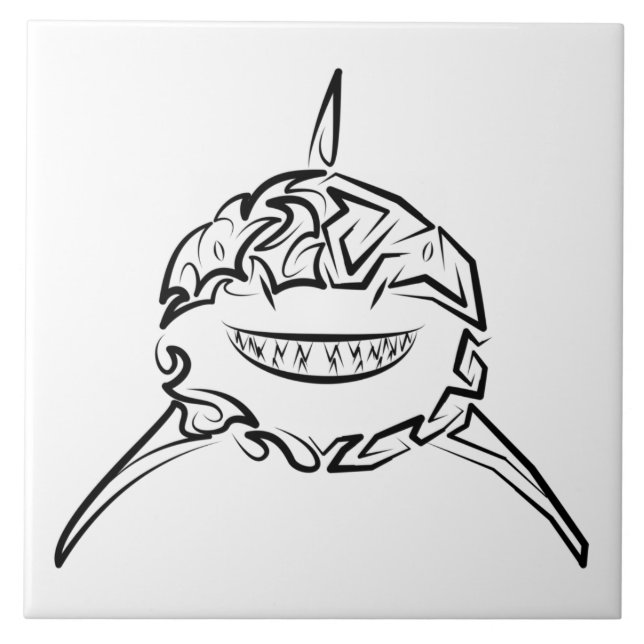 Black and White Tribal Great White Shark Tile (Front)