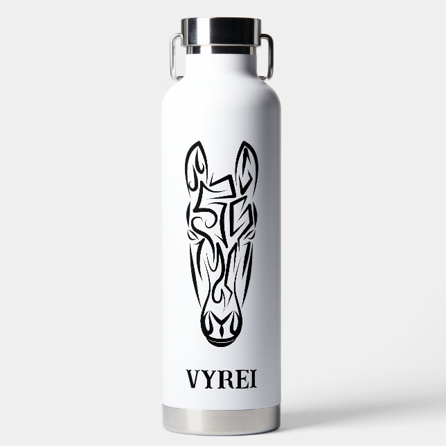 Black and White Tribal Horse Water Bottle (Front)