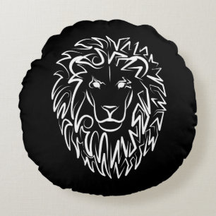 Black and White Tribal Lion Round Pillow