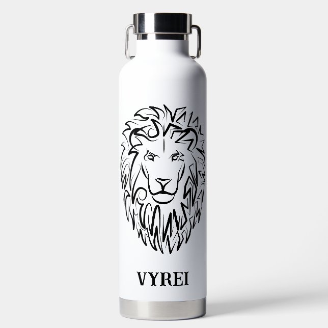 Black and White Tribal Lion Water Bottle (Front)