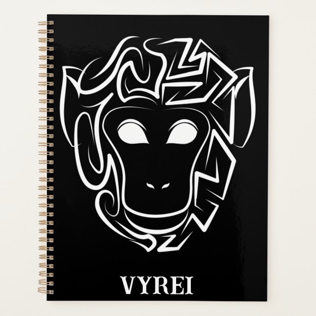Black and White Tribal Monkey Planner (Front)