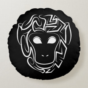 Black and White Tribal Monkey Round Pillow