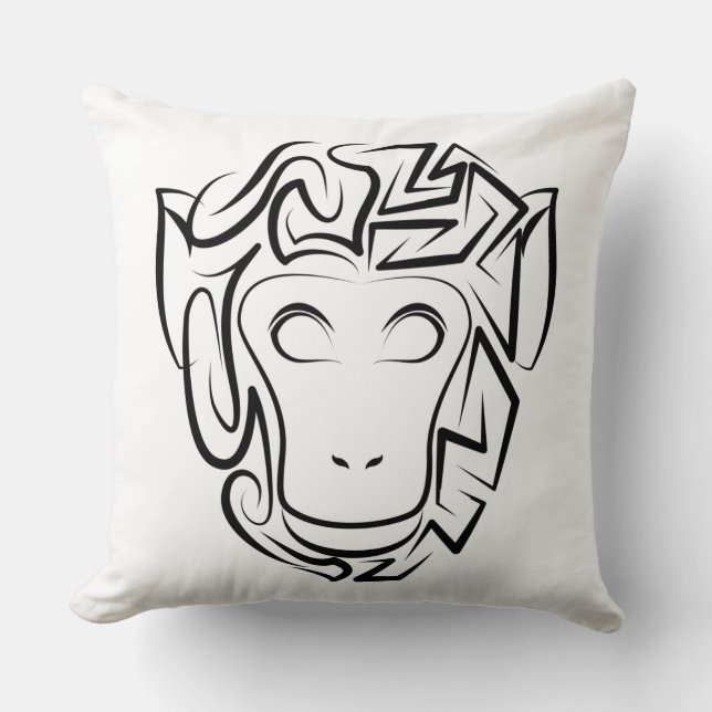 Black and White Tribal Monkey Throw Pillow (Front)
